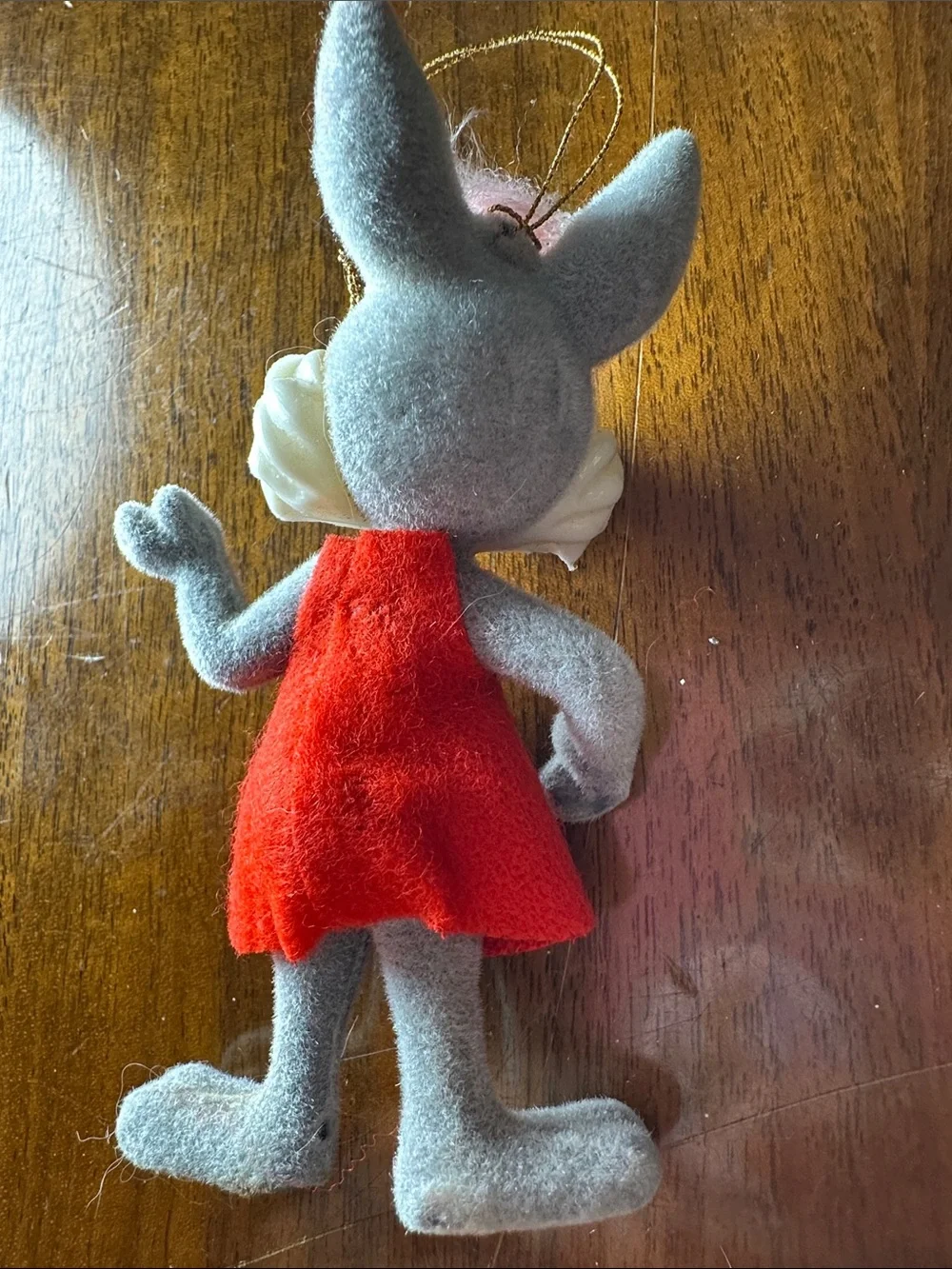 Vtg  1977 Warner Bros. Honey Bunny ornament - flocked gray felt body & red dress